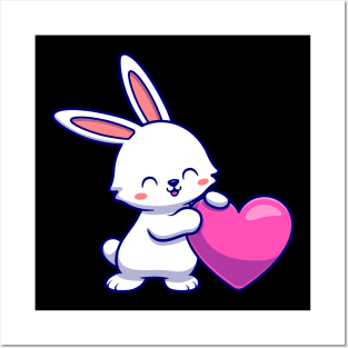 Cute Rabbit With Love Heart Cartoon Posters and Art